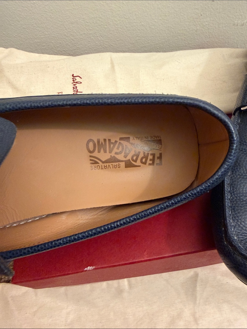 Salvatore Ferragamo Navy Pebbled Leather Gancini Bit Loafers - Picture 3 of 5